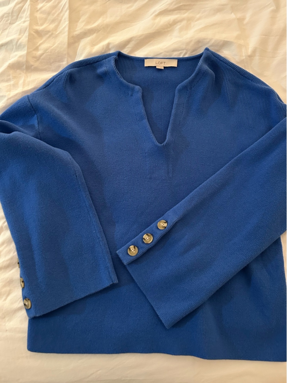 LOFT Bright Blue Ribbed Knit Top with V-Split Neck